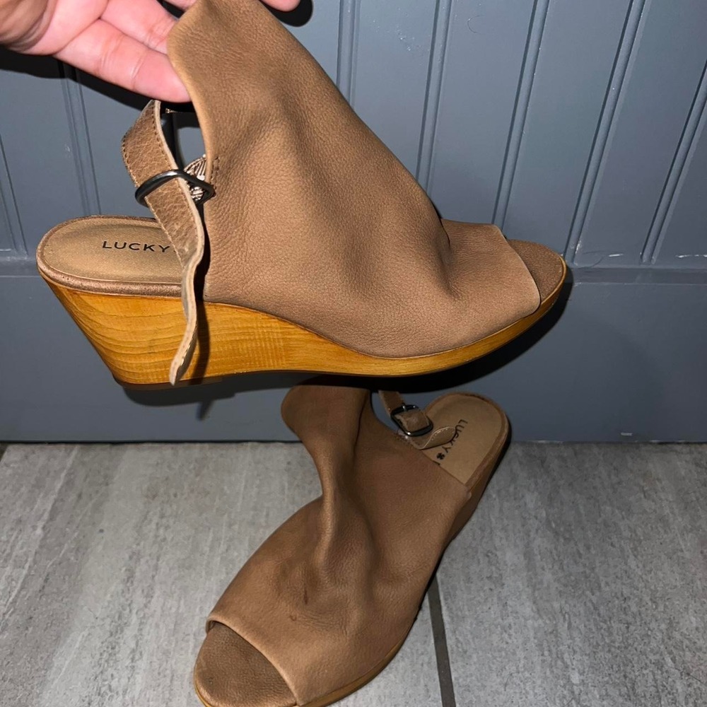 Tan and brown leather wedges